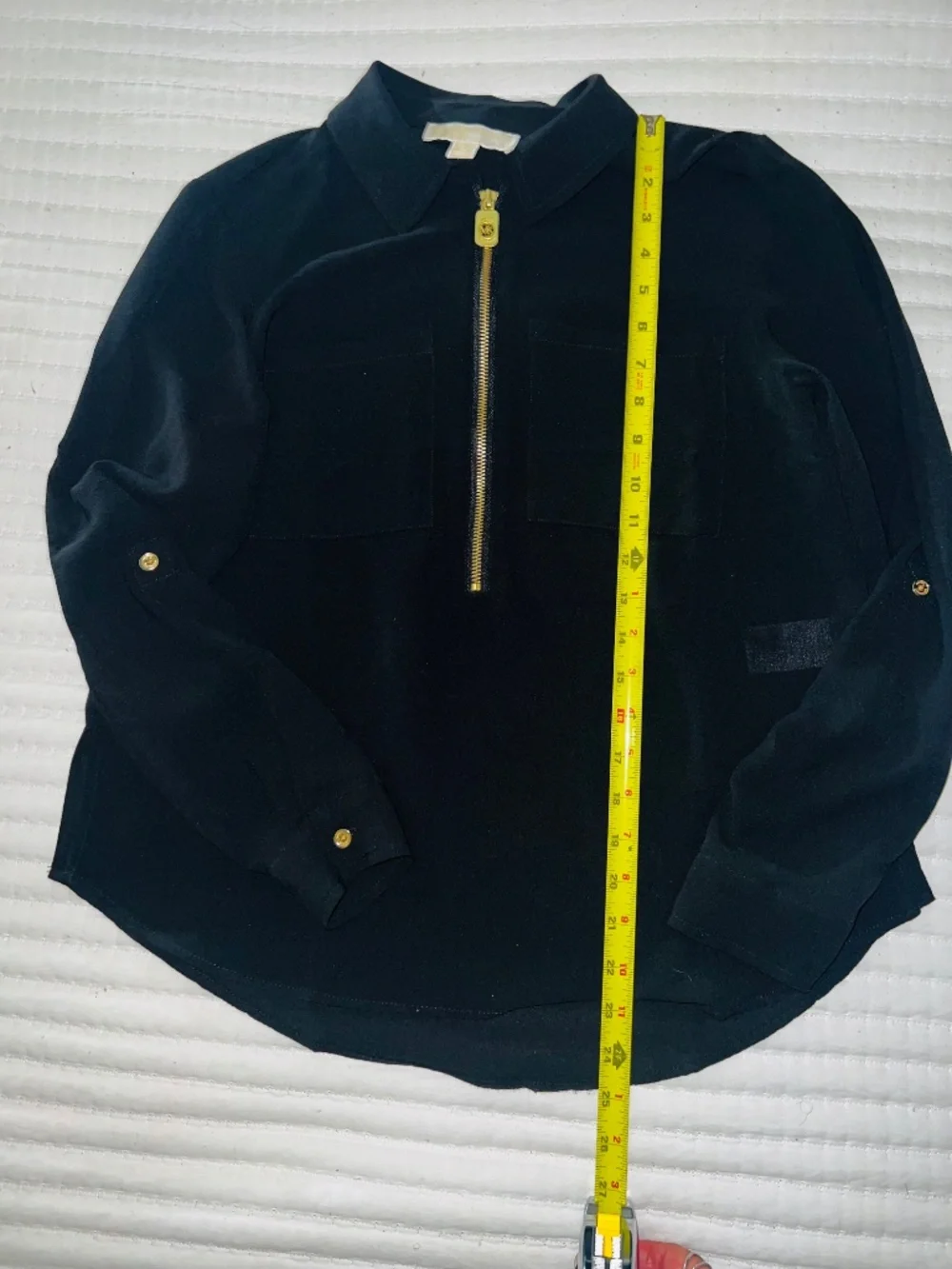 Michael Kors Black Gold Half Dog Tag Zip Blouse with Roll Up Sleeves Size Medium